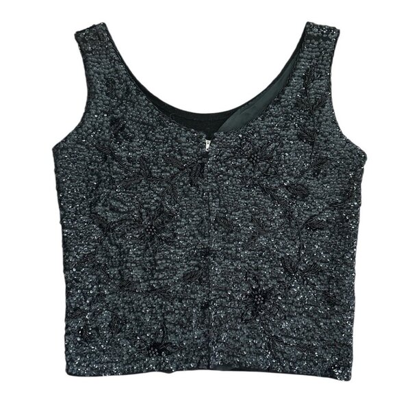 Vintage Black Sequin Beaded Sleeveless Top W/ Floral Design & Full-Back Zipper - Picture 4 of 10
